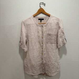 Ellen Tracy Cream Striped Linen Collarless Button-Up Top Size L